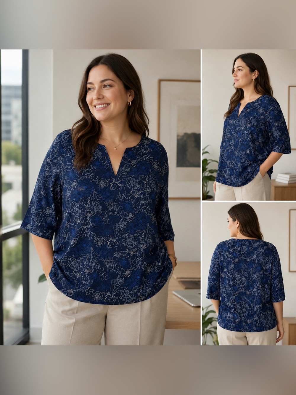 L.L.Bean Women’s XL Navy Blue Floral Supima Cotton 3/4 Sleeve Split Neck Top